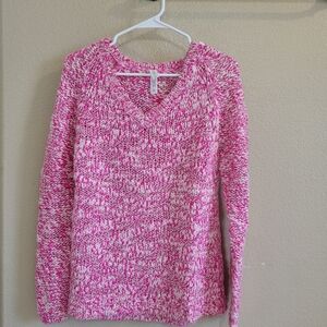 Aeropostale Women pink & white V-neck Soft Chunky knit sweater size Medium